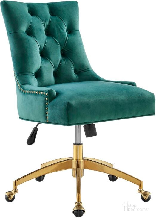 The appearance of Regent Tufted Performance Velvet Office Chair EEI-4571-GLD-TEA designed by Modway in the modern / contemporary interior design. This gold teal piece of furniture  was selected by 1StopBedrooms from Regent Collection to add a touch of cosiness and style into your home. Sku: EEI-4571-GLD-TEA. Material: Wood. Product Type: Office Chair. Image1