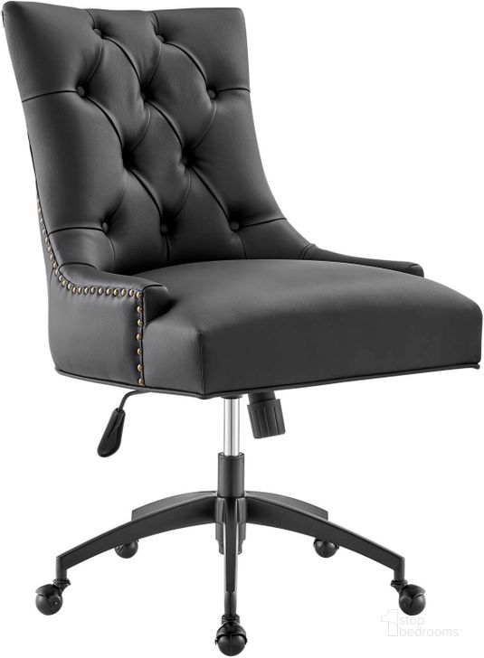 The appearance of Regent Tufted Vegan Leather Office Chair EEI-4573-BLK-BLK designed by Modway in the modern / contemporary interior design. This black black piece of furniture  was selected by 1StopBedrooms from Regent Collection to add a touch of cosiness and style into your home. Sku: EEI-4573-BLK-BLK. Material: Wood. Product Type: Office Chair. Image1