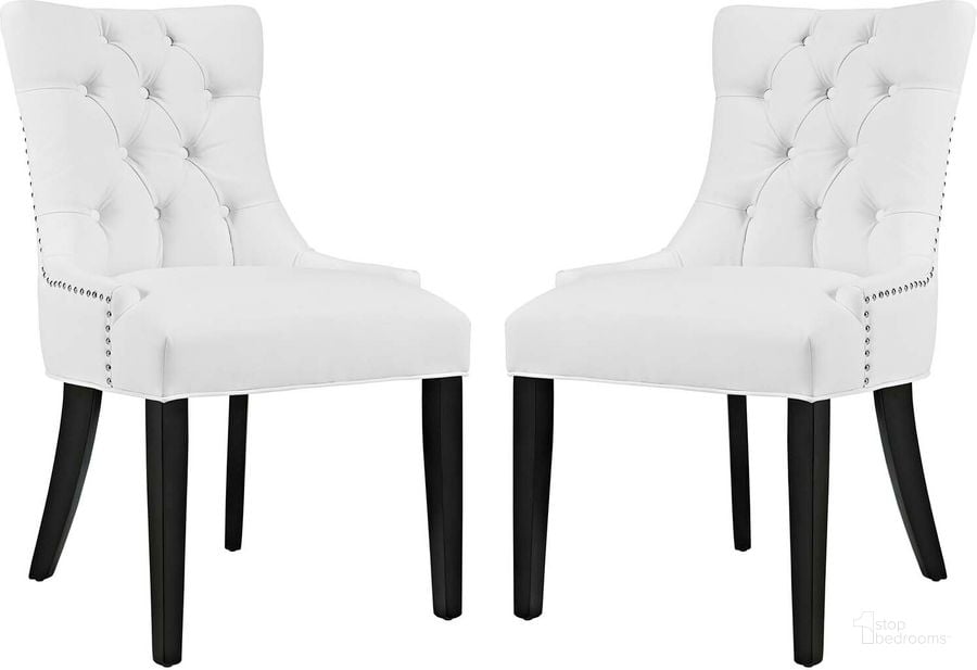 The appearance of Regent White Dining Side Chair Vinyl Set of 2 EEI-2742-WHI-SET designed by Modway in the modern / contemporary interior design. This white/black piece of furniture  was selected by 1StopBedrooms from Regent Collection to add a touch of cosiness and style into your home. Sku: EEI-2742-WHI-SET. Material: Wood. Product Type: Side Chair. Image1