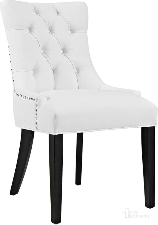 The appearance of Regent White Tufted Faux Leather Dining Chair designed by Modway in the modern / contemporary interior design. This white leather piece of furniture  was selected by 1StopBedrooms from Regent Collection to add a touch of cosiness and style into your home. Sku: EEI-2222-WHI. Material: Wood. Product Type: Dining Chair. Image1