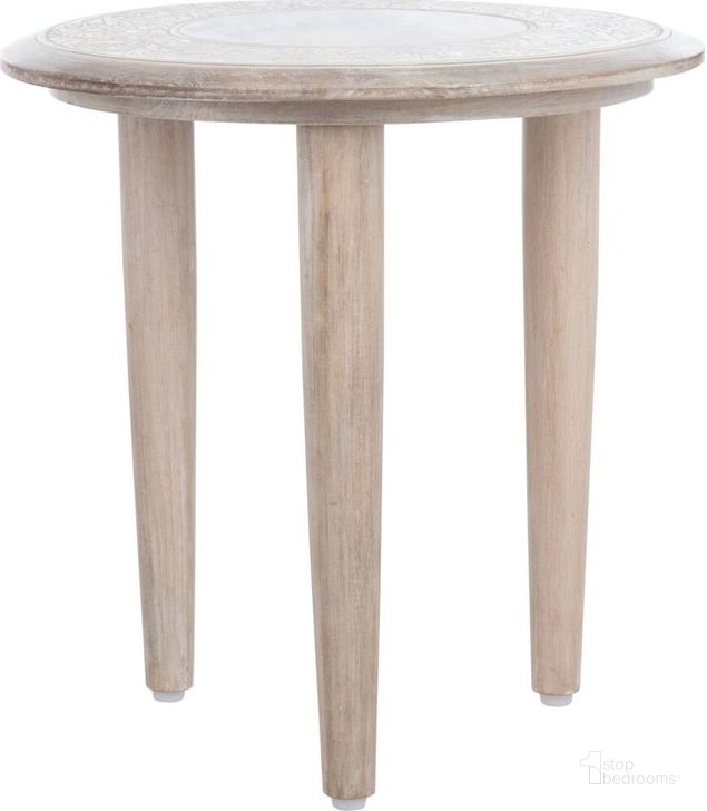The appearance of Rehnuma White Wash Carved Side Table designed by Safavieh in the modern / contemporary interior design. This white wash piece of furniture  was selected by 1StopBedrooms from Safavieh ACC Collection to add a touch of cosiness and style into your home. Sku: ACC5300A. Material: Wood. Product Type: Accent Table. Image1