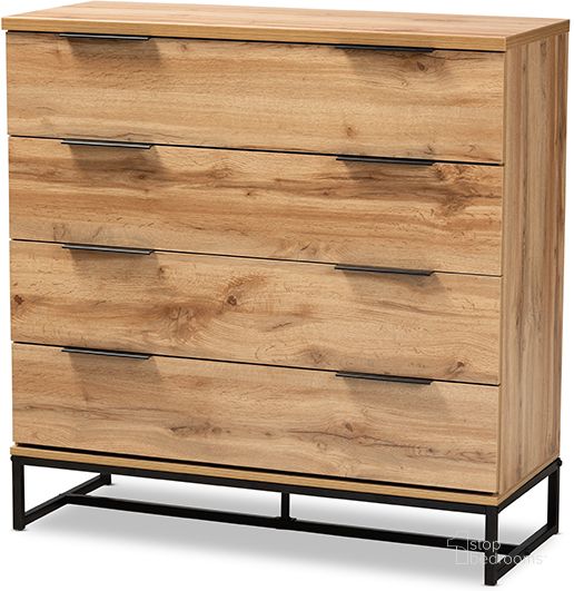 The appearance of Reid Modern And Contemporary Industrial Oak Finished Wood And Black Metal 4-Drawer Dresser designed by Baxton Studio in the modern / contemporary interior design. This black piece of furniture  was selected by 1StopBedrooms from Reid Collection to add a touch of cosiness and style into your home. Sku: CH8000-Oak/Black-4DW-Dresser. Material: Wood. Product Type: Dresser. Image1