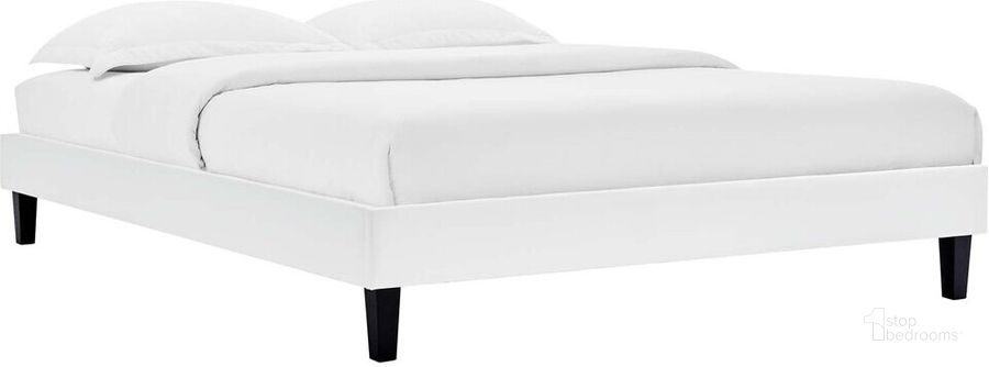 The appearance of Reign Queen Performance Velvet Platform Bed Frame In White designed by Modway in the modern / contemporary interior design. This white piece of furniture  was selected by 1StopBedrooms from Reign Collection to add a touch of cosiness and style into your home. Sku: MOD-6266-WHI. Product Type: Bed Frame. Material: MDF. Image1