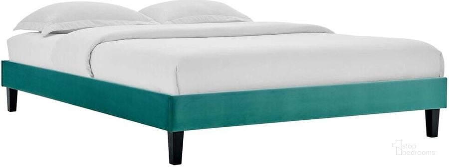 The appearance of Reign Twin Performance Velvet Platform Bed Frame In Teal designed by Modway in the modern / contemporary interior design. This teal piece of furniture  was selected by 1StopBedrooms from Reign Collection to add a touch of cosiness and style into your home. Sku: MOD-6264-TEA. Product Type: Bed Frame. Material: MDF. Image1