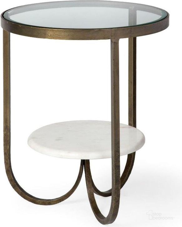 The appearance of Reinhardt Ii 20 Inch Round Glass Top Metal And Marble Detail Side Table designed by Mercana in the modern / contemporary interior design. This gold piece of furniture  was selected by 1StopBedrooms from Reinhardt Collection to add a touch of cosiness and style into your home. Sku: 67805. Material: Metal. Product Type: Side Table. Image1