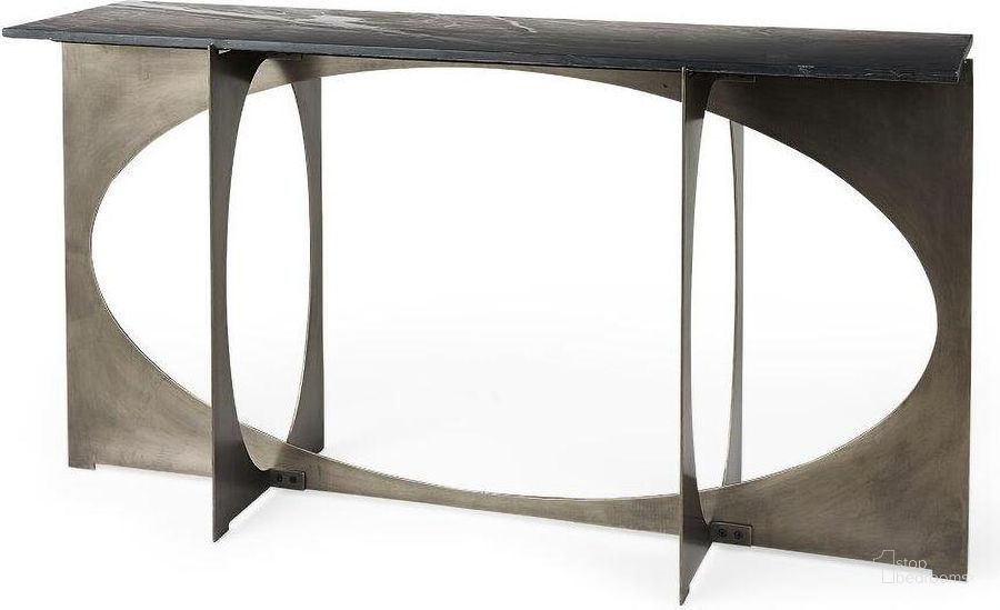 The appearance of Reinhold Iv Black Marble Top Iron Console Table designed by Mercana in the modern / contemporary interior design. This black piece of furniture  was selected by 1StopBedrooms from Reinhold Collection to add a touch of cosiness and style into your home. Sku: 69263-AB. Material: Metal. Product Type: Console Table. Image1