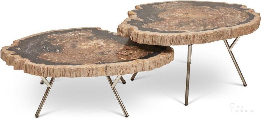 The appearance of Relique Lastra Coffee Table Set Of 2 In Polished Stainless Steel Legs And Natural Dark Top designed by Urbia in the modern / contemporary interior design. This natural piece of furniture  was selected by 1StopBedrooms from Relique Collection to add a touch of cosiness and style into your home. Sku: IPJ-LASTRA-CT-D. Material: Wood. Product Type: Coffee Table. Image1