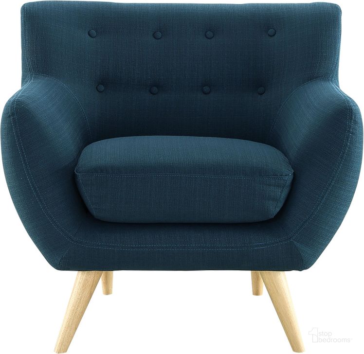 The appearance of Remark Azure Upholstered Fabric Arm Chair designed by Modway in the modern / contemporary interior design. This azure piece of furniture  was selected by 1StopBedrooms from Remark Collection to add a touch of cosiness and style into your home. Sku: EEI-1631-AZU. Material: Wood. Product Type: Living Room Chair. Image1