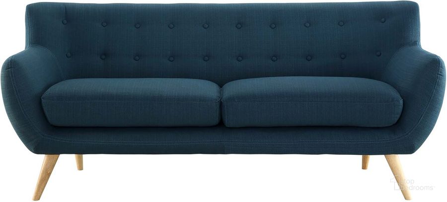 The appearance of Remark Azure Upholstered Fabric Sofa designed by Modway in the modern / contemporary interior design. This azure piece of furniture  was selected by 1StopBedrooms from Remark Collection to add a touch of cosiness and style into your home. Sku: EEI-1633-AZU. Material: Wood. Product Type: Sofa. Image1