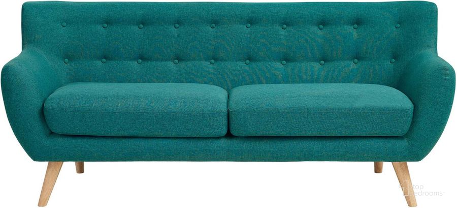 The appearance of Remark Teal Upholstered Fabric Sofa designed by Modway in the modern / contemporary interior design. This teal piece of furniture  was selected by 1StopBedrooms from Remark Collection to add a touch of cosiness and style into your home. Sku: EEI-1633-TEA. Material: Wood. Product Type: Sofa. Image1