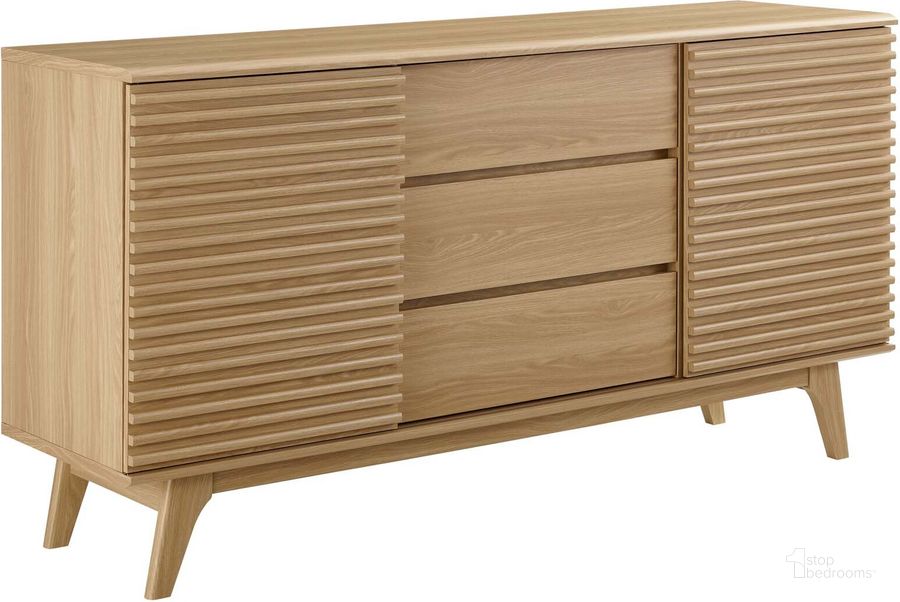 The appearance of Render 63 Inch Sideboard Buffet Table Or Tv Stand EEI-3344-OAK designed by Modway in the modern / contemporary interior design. This oak piece of furniture  was selected by 1StopBedrooms from Render Collection to add a touch of cosiness and style into your home. Sku: EEI-3344-OAK. Material: Metal. Product Type: TV Stand. Image1