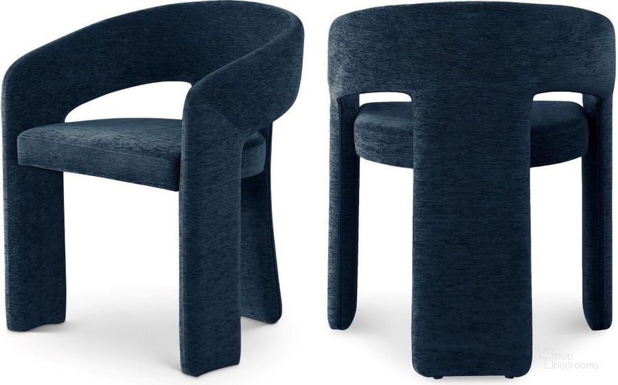 The appearance of Rendition Navy Plush Fabric Dining Chair designed by Meridian in the modern / contemporary interior design. This navy piece of furniture  was selected by 1StopBedrooms from Rendition Collection to add a touch of cosiness and style into your home. Sku: 911Navy-C. Product Type: Dining Chair. Material: Iron. Image1