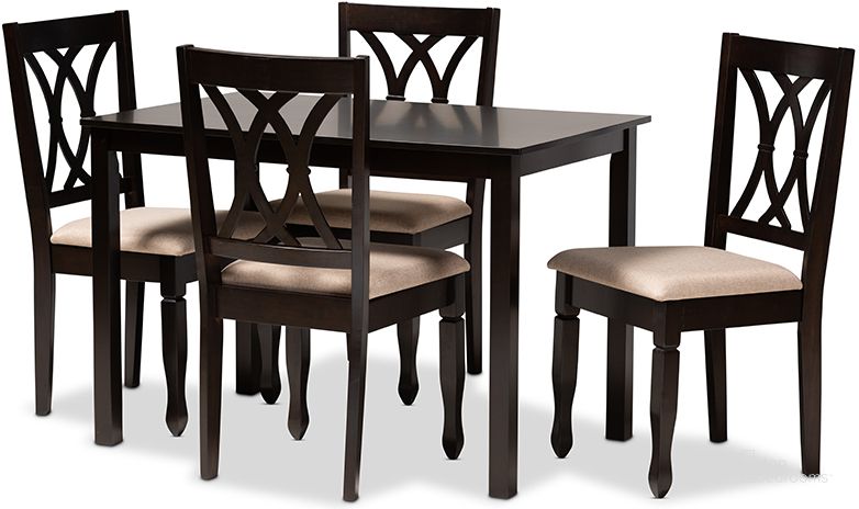 The appearance of Reneau Modern And Contemporary Sand Fabric Upholstered Espresso Brown Finished Wood 5-Piece Dining Set designed by Baxton Studio in the modern / contemporary interior design. This brown piece of furniture  was selected by 1StopBedrooms from Essential Collection to add a touch of cosiness and style into your home. Sku: RH316C-Sand/Dark Brown-5PC Dining Set. Product Type: Dining Room Set. Material: Rubberwood. Image1