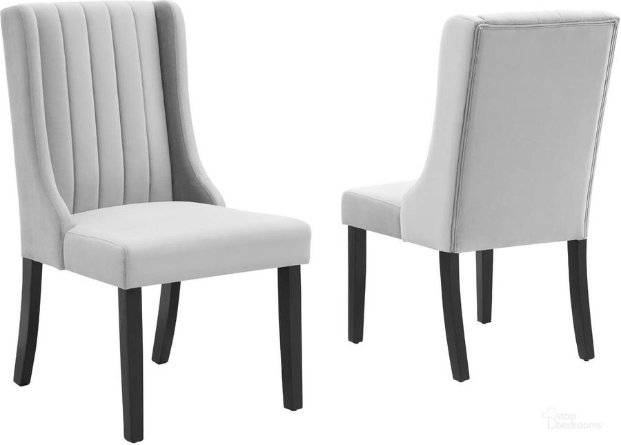 The appearance of Renew Parsons Performance Velvet Dining Side Chairs - Set of 2 EEI-4244-LGR designed by Modway in the modern / contemporary interior design. This light gray piece of furniture  was selected by 1StopBedrooms from Renew Collection to add a touch of cosiness and style into your home. Sku: EEI-4244-LGR. Product Type: Side Chair. Material: MDF. Image1