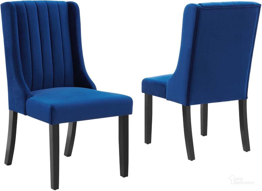 The appearance of Renew Parsons Performance Velvet Dining Side Chairs - Set of 2 EEI-4244-NAV designed by Modway in the modern / contemporary interior design. This navy piece of furniture  was selected by 1StopBedrooms from Renew Collection to add a touch of cosiness and style into your home. Sku: EEI-4244-NAV. Product Type: Side Chair. Material: MDF. Image1