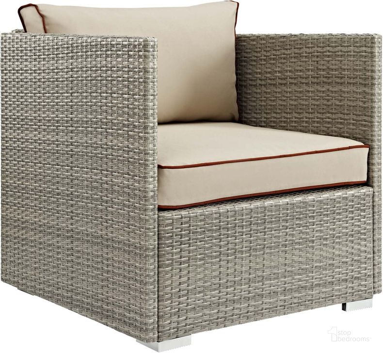 The appearance of Repose Light Gray Beige Outdoor Patio Arm Chair designed by Modway in the modern / contemporary interior design. This light gray beige piece of furniture  was selected by 1StopBedrooms from Repose Collection to add a touch of cosiness and style into your home. Sku: EEI-2960-LGR-BEI. Material: Polyester. Product Type: Outdoor Dining Chair. Image1