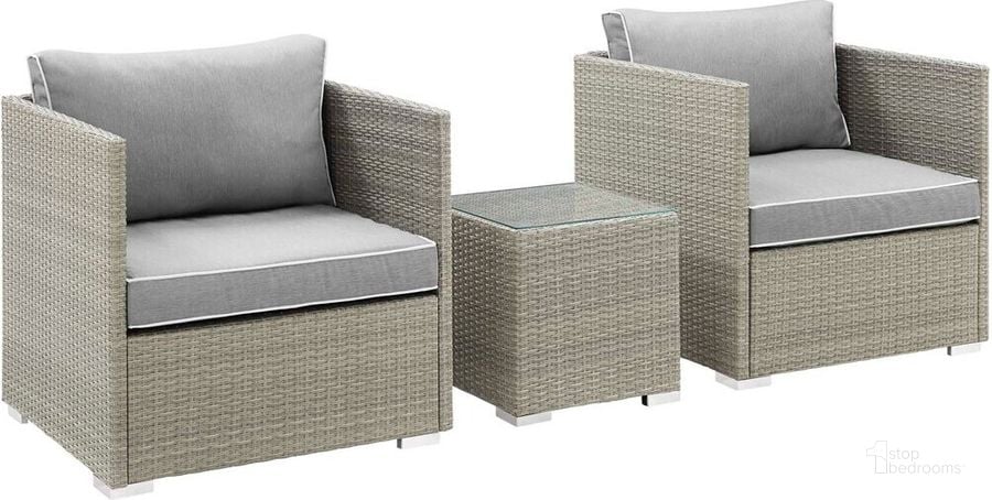 The appearance of Repose 3-Piece Outdoor Patio Sectional Set In Light Gray Gray designed by Modway in the modern / contemporary interior design. This light gray gray piece of furniture  was selected by 1StopBedrooms from Repose Collection to add a touch of cosiness and style into your home. Sku: EEI-3006-LGR-GRY-SET. Material: Rattan. Product Type: Outdoor Conversation Set. Image1