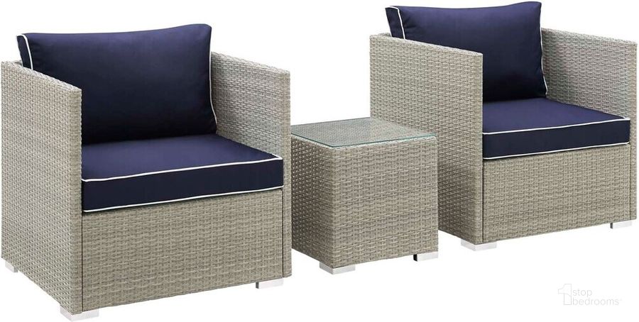 The appearance of Repose 3-Piece Outdoor Patio Sectional Set In Light Gray Navy designed by Modway in the modern / contemporary interior design. This light gray navy piece of furniture  was selected by 1StopBedrooms from Repose Collection to add a touch of cosiness and style into your home. Sku: EEI-3006-LGR-NAV-SET. Material: Rattan. Product Type: Outdoor Conversation Set. Image1