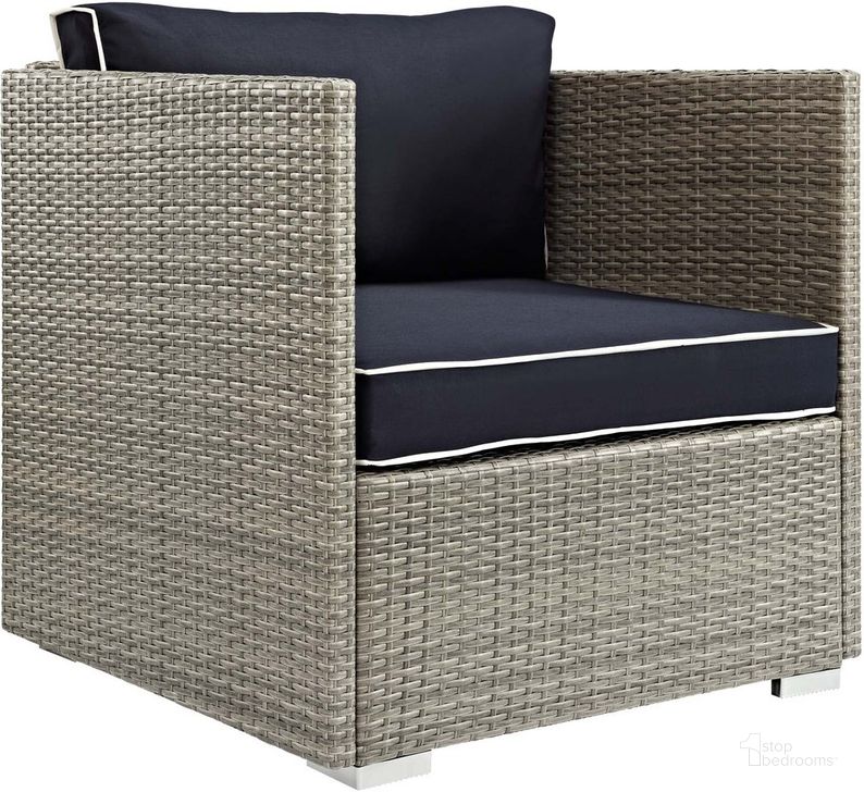 The appearance of Repose Outdoor Patio Armchair In Light Gray Navy designed by Modway in the modern / contemporary interior design. This light gray navy piece of furniture  was selected by 1StopBedrooms from Repose Collection to add a touch of cosiness and style into your home. Sku: EEI-2960-LGR-NAV. Material: Rattan. Product Type: Outdoor Chair. Image1