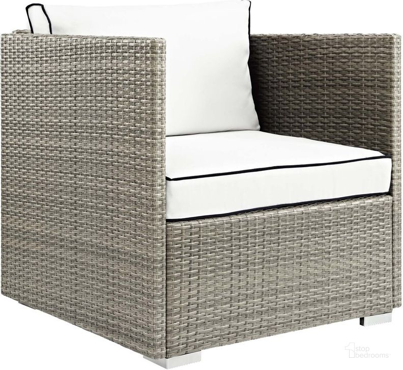 The appearance of Repose Outdoor Patio Armchair In Light Gray White designed by Modway in the modern / contemporary interior design. This light gray white piece of furniture  was selected by 1StopBedrooms from Repose Collection to add a touch of cosiness and style into your home. Sku: EEI-2960-LGR-WHI. Material: Rattan. Product Type: Outdoor Chair. Image1