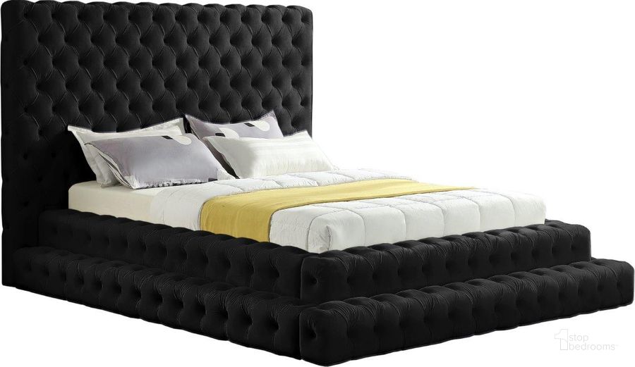 The appearance of Revel Black King Bed designed by Meridian in the modern / contemporary interior design. This black velvet piece of furniture  was selected by 1StopBedrooms from Revel Collection to add a touch of cosiness and style into your home. Sku: RevelBlack-K-1;RevelBlack-K-2;RevelBlack-K-3. Bed Type: Platform Bed. Product Type: Platform Bed. Bed Size: King. Material: Velvet. Image1