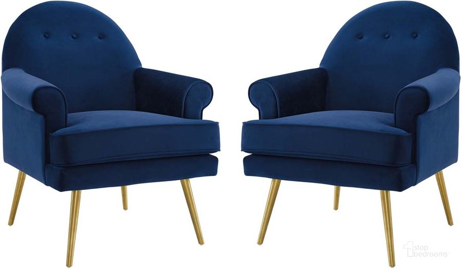 The appearance of Revive Armchair Performance Velvet Set of 2 EEI-4295-NAV designed by Modway in the modern / contemporary interior design. This navy piece of furniture  was selected by 1StopBedrooms from Revive Collection to add a touch of cosiness and style into your home. Sku: EEI-4295-NAV. Product Type: Arm Chair. Material: Pine. Image1
