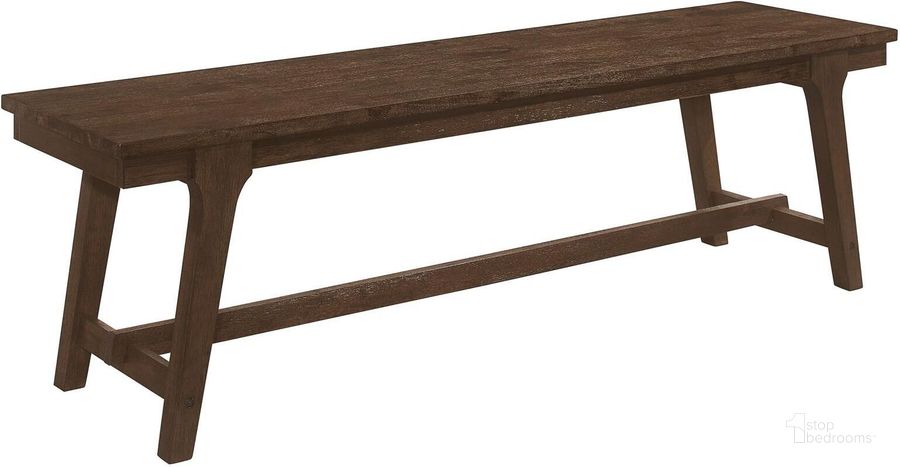 The appearance of Reynolds Rectangular Trestle Base Dining Bench In Brown Oak designed by Coaster in the rustic / southwestern interior design. This brown oak piece of furniture  was selected by 1StopBedrooms from Reynolds Collection to add a touch of cosiness and style into your home. Sku: 107593. Material: Wood. Product Type: Dining Bench. Image1