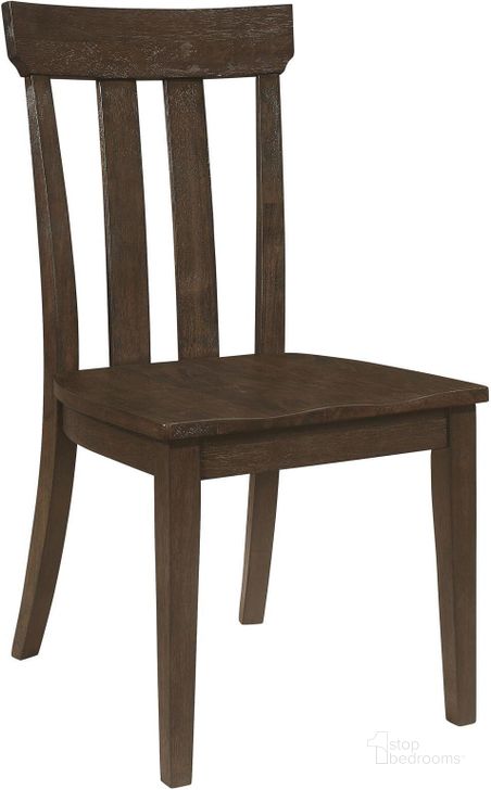 The appearance of Reynolds Slat Back Dining Side Chair Set of 2 In Brown Oak designed by Coaster in the rustic / southwestern interior design. This brown oak piece of furniture  was selected by 1StopBedrooms from Reynolds Collection to add a touch of cosiness and style into your home. Sku: 107592. Material: Wood. Product Type: Side Chair. Image1