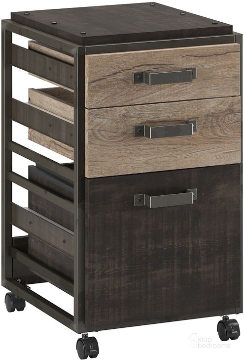 The appearance of Refinery Rustic Gray 3 Drawer Mobile File Cabinet designed by Bush Furniture in the transitional interior design. This gray piece of furniture  was selected by 1StopBedrooms from Refinery Collection to add a touch of cosiness and style into your home. Sku: RFF116RG-03. Material: Wood. Product Type: Mobile Filing Cabinet. Image1