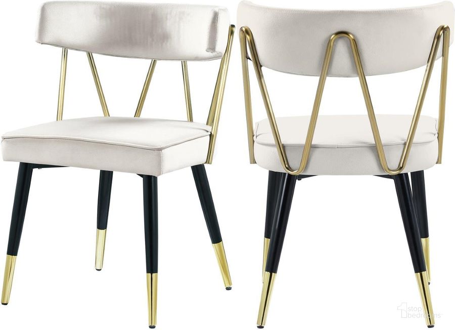 The appearance of Rheingold Cream Velvet Dining Chair Set of 2 designed by Meridian in the modern / contemporary interior design. This cream velvet piece of furniture  was selected by 1StopBedrooms from Rheingold Collection to add a touch of cosiness and style into your home. Sku: 854Cream-C. Product Type: Dining Chair. Material: Velvet. Image1