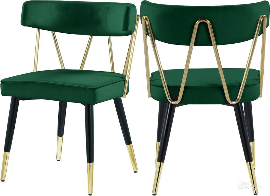 The appearance of Rheingold Green Velvet Dining Chair Set of 2 designed by Meridian in the modern / contemporary interior design. This green velvet piece of furniture  was selected by 1StopBedrooms from Rheingold Collection to add a touch of cosiness and style into your home. Sku: 854Green-C. Product Type: Dining Chair. Material: Velvet. Image1