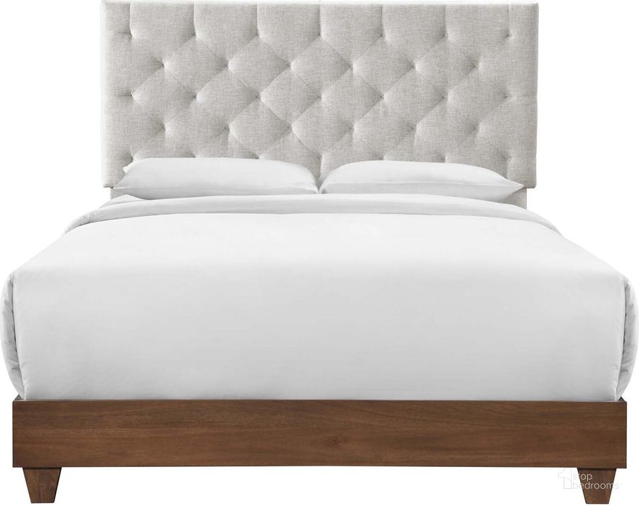The appearance of Rhiannon Walnut Beige Diamond Tufted Upholstered Fabric Queen Bed designed by Modway in the modern / contemporary interior design. This walnut beige piece of furniture  was selected by 1StopBedrooms from Rhiannon Collection to add a touch of cosiness and style into your home. Sku: MOD-6146-WAL-BEI. Bed Type: Panel Bed. Material: Wood. Product Type: Panel Bed. Bed Size: Queen. Image1