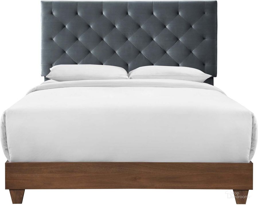 The appearance of Rhiannon Walnut Charcoal Diamond Tufted Upholstered Performance Velvet Queen Bed designed by Modway in the modern / contemporary interior design. This walnut charcoal piece of furniture  was selected by 1StopBedrooms from Rhiannon Collection to add a touch of cosiness and style into your home. Sku: MOD-6147-WAL-CHA. Bed Type: Panel Bed. Material: Wood. Product Type: Panel Bed. Bed Size: Queen. Image1