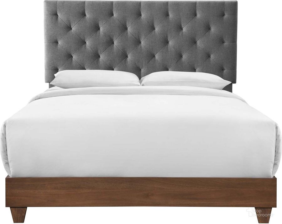 The appearance of Rhiannon Walnut Gray Diamond Tufted Upholstered Fabric Queen Bed designed by Modway in the modern / contemporary interior design. This walnut gray piece of furniture  was selected by 1StopBedrooms from Rhiannon Collection to add a touch of cosiness and style into your home. Sku: MOD-6146-WAL-GRY. Bed Type: Panel Bed. Material: Wood. Product Type: Panel Bed. Bed Size: Queen. Image1