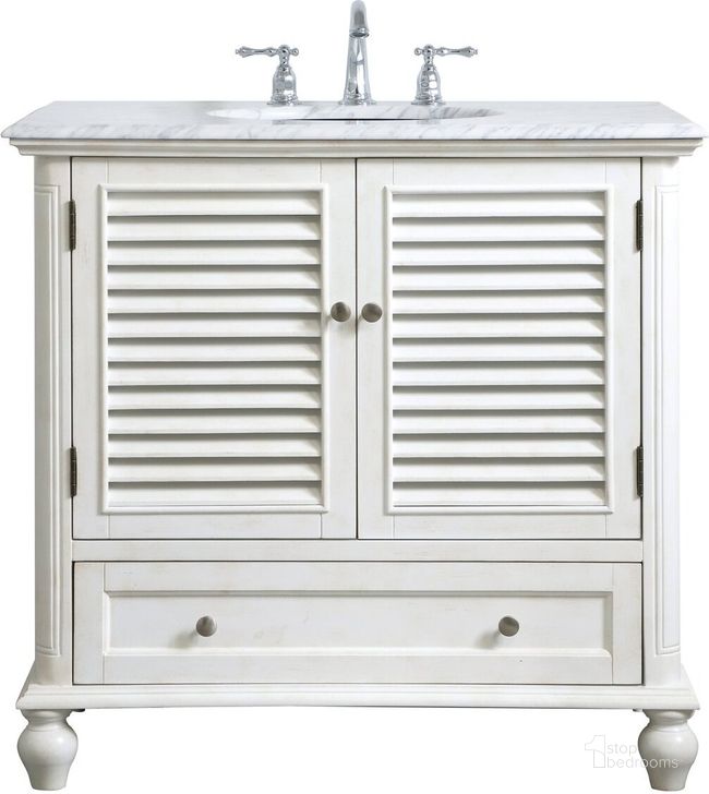 The appearance of Rhodes 36 Inch Single Bathroom Vanity In Antique White designed by Elegant Lighting in the coastal interior design. This antique white piece of furniture  was selected by 1StopBedrooms from Rhodes Collection to add a touch of cosiness and style into your home. Sku: VF30536AW. Material: Wood. Product Type: Bathroom Vanity. Image1
