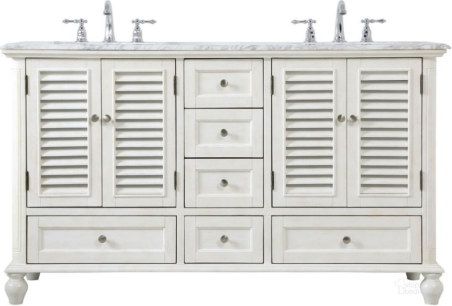 The appearance of Rhodes 60 Inch Double Bathroom Vanity In Antique White designed by Elegant Lighting in the coastal interior design. This antique white piece of furniture  was selected by 1StopBedrooms from Rhodes Collection to add a touch of cosiness and style into your home. Sku: VF30560DAW. Material: Wood. Product Type: Bathroom Vanity. Image1