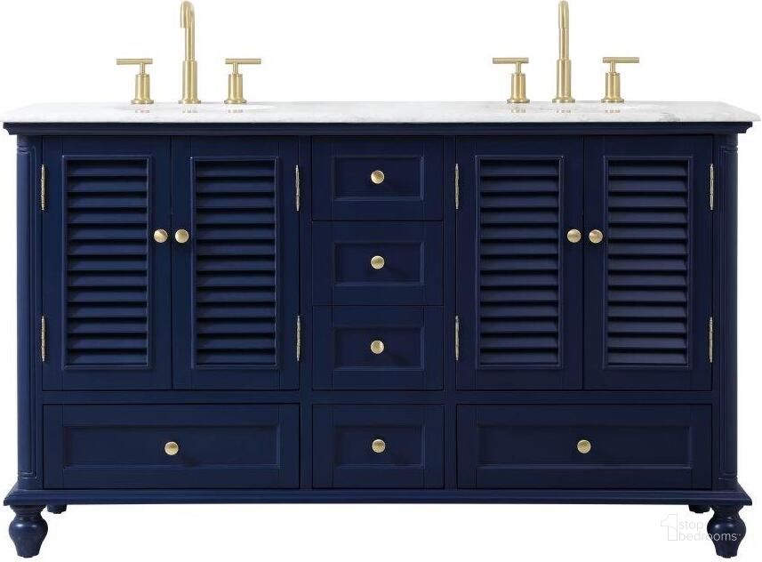 The appearance of Rhodes 60 Inch Double Bathroom Vanity In Blue designed by Elegant Lighting in the coastal interior design. This blue piece of furniture  was selected by 1StopBedrooms from Rhodes Collection to add a touch of cosiness and style into your home. Sku: VF30560DBL. Material: Wood. Product Type: Bathroom Vanity. Image1