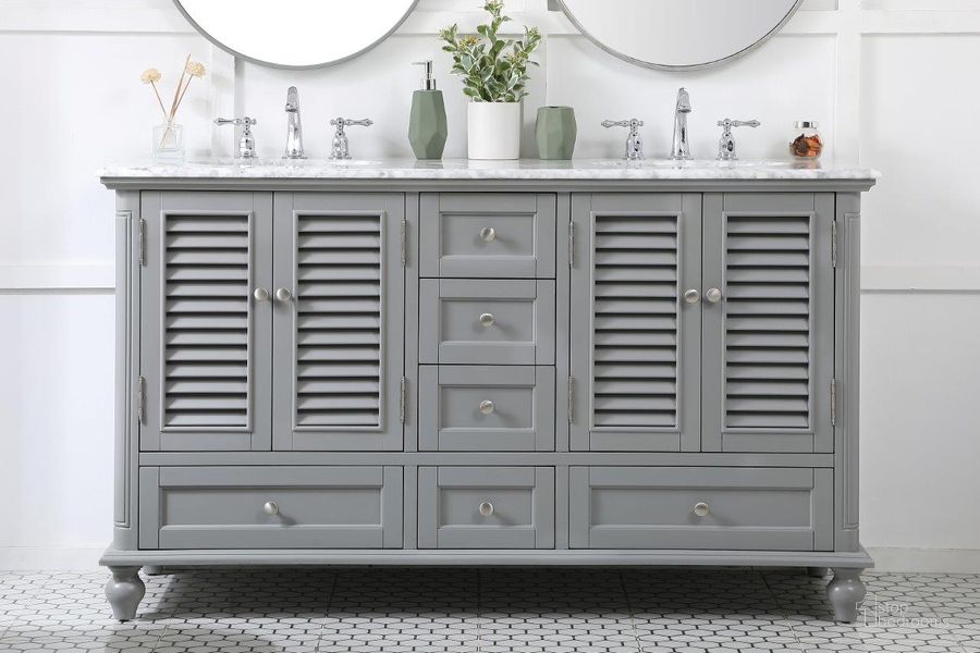 The appearance of Rhodes 60 Inch Double Bathroom Vanity In Grey designed by Elegant Lighting in the coastal interior design. This grey piece of furniture  was selected by 1StopBedrooms from Rhodes Collection to add a touch of cosiness and style into your home. Sku: VF30560DGR. Material: Wood. Product Type: Bathroom Vanity. Image1