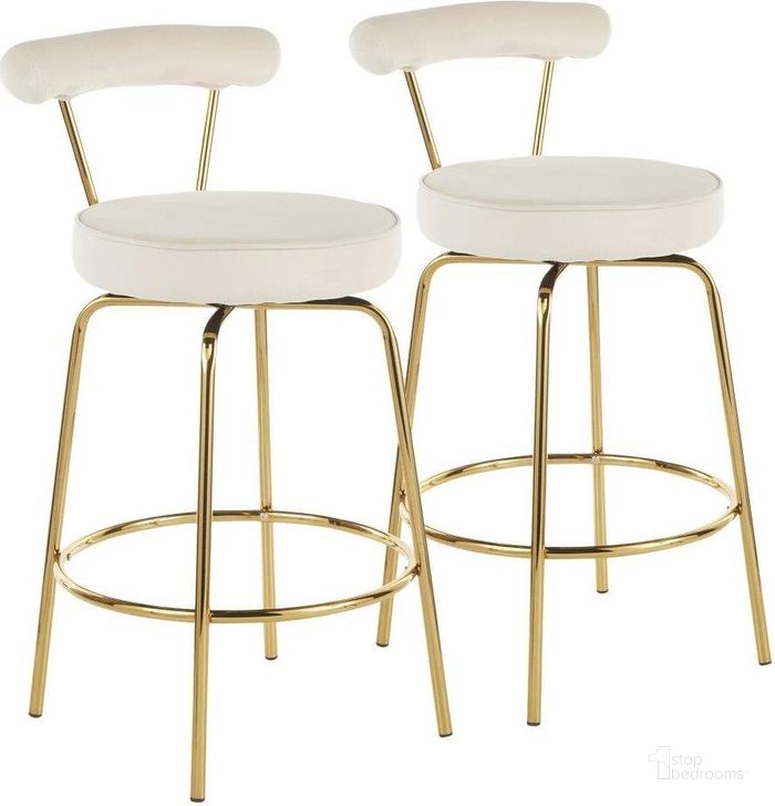 The appearance of Rhonda Glam Counter Stool In Gold Metal And Cream Velvet - Set Of 2 designed by Lumisource in the transitional interior design. This cream velvet piece of furniture  was selected by 1StopBedrooms from Rhonda Collection to add a touch of cosiness and style into your home. Sku: B26-RHONDA AUCR2. Product Type: Barstool. Material: Velvet. Image1