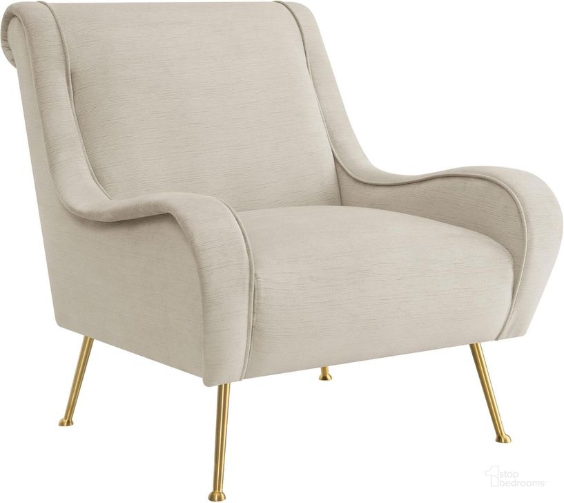 The appearance of Ricci Upholstered Saddle Arms Accent Chair In Stone and Gold designed by Coaster in the modern / contemporary interior design. This stone and gold piece of furniture  was selected by 1StopBedrooms from Ricci Collection to add a touch of cosiness and style into your home. Sku: 903043. Material: Upholstered. Product Type: Accent Chair. Image1