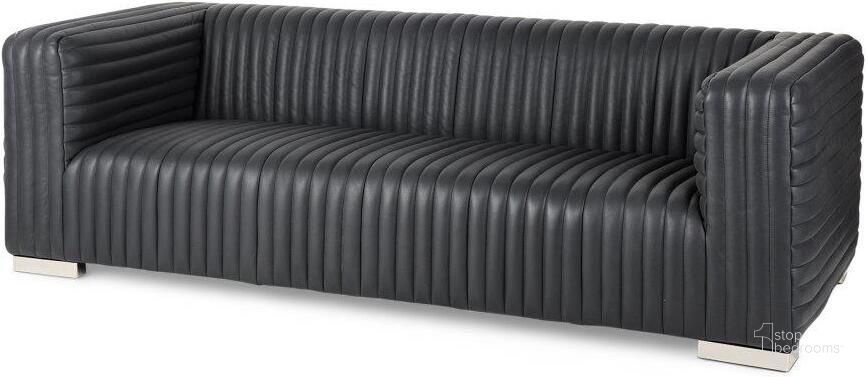 The appearance of Ricciardo Black Leather Wrapped Three Seater Sofa designed by Mercana in the modern / contemporary interior design. This black piece of furniture  was selected by 1StopBedrooms from Ricciardo Collection to add a touch of cosiness and style into your home. Sku: 69559. Material: Leather. Product Type: Sofa. Image1