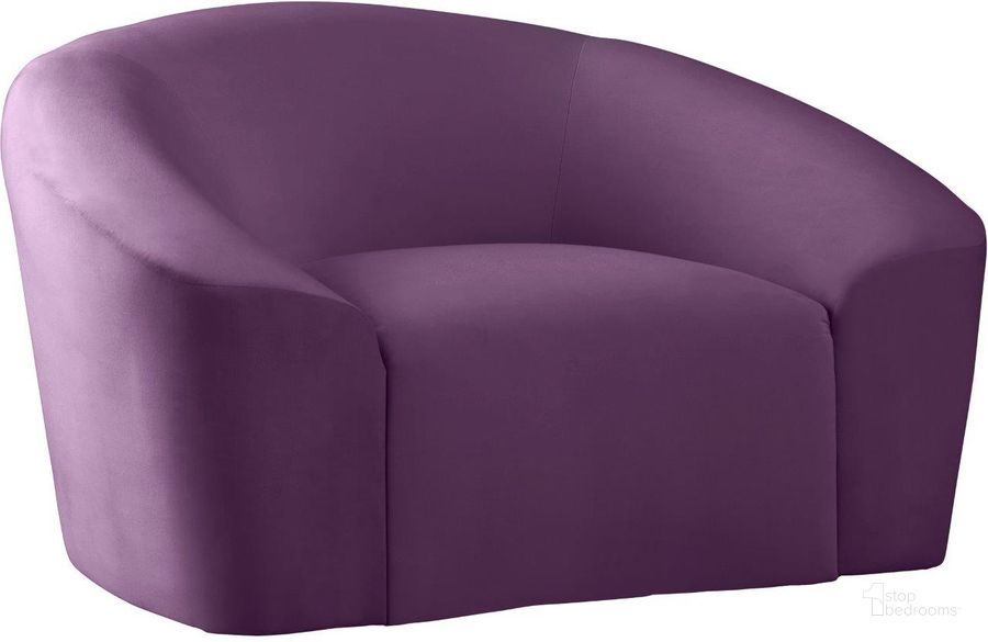 The appearance of Riley Purple Velvet Chair designed by Meridian in the modern / contemporary interior design. This purple velvet piece of furniture  was selected by 1StopBedrooms from Riley Collection to add a touch of cosiness and style into your home. Sku: 610Purple-C. Product Type: Living Room Chair. Material: Velvet. Image1