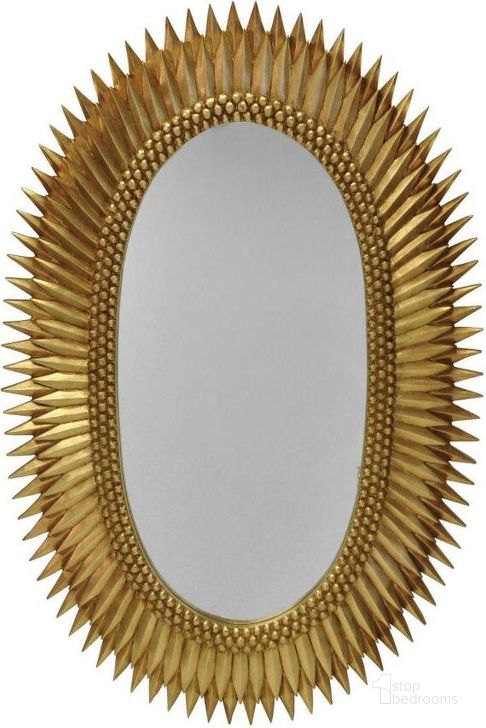 The appearance of Rita Gold Leaf Oval Starburst Mirror designed by Worlds Away in the modern / contemporary interior design. This gold piece of furniture  was selected by 1StopBedrooms from Rita Collection to add a touch of cosiness and style into your home. Sku: RITA G. Material: Metal. Product Type: Mirror. Image1