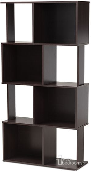 The appearance of Riva Modern And Contemporary Dark Brown Finished Geometric Wood Bookshelf designed by Baxton Studio in the modern / contemporary interior design. This dark brown piece of furniture  was selected by 1StopBedrooms from Riva Collection to add a touch of cosiness and style into your home. Sku: BS8000-Wenge-Shelf. Material: Wood. Product Type: Shelf. Image1