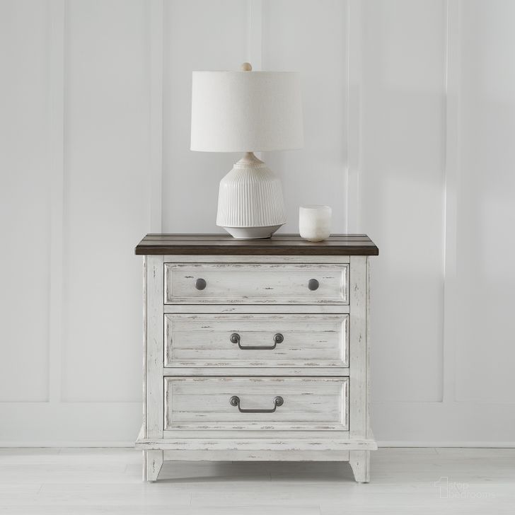 The appearance of River Place 3 Drawer Nightstand With Charging Station In Riverstone White and Tobacco designed by Liberty in the country / farmhouse interior design. This white piece of furniture  was selected by 1StopBedrooms from River Place Collection to add a touch of cosiness and style into your home. Sku: 237-BR61. Product Type: Nightstand. Material: Wood Veneer.