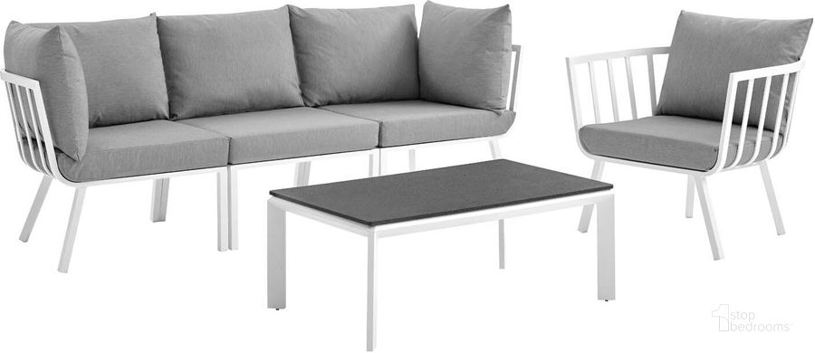 The appearance of Riverside 5 Piece Outdoor Patio Aluminum Set EEI-3783-WHI-GRY designed by Modway in the modern / contemporary interior design. This white and gray piece of furniture  was selected by 1StopBedrooms from Riverside Collection to add a touch of cosiness and style into your home. Sku: EEI-3783-WHI-GRY. Product Type: Outdoor Conversation Set. Material: Foam. Image1
