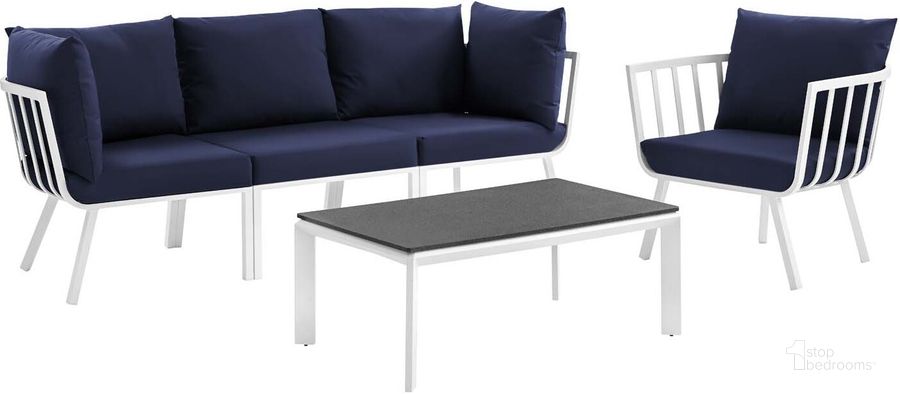 The appearance of Riverside 5 Piece Outdoor Patio Aluminum Set EEI-3783-WHI-NAV designed by Modway in the modern / contemporary interior design. This white navy piece of furniture  was selected by 1StopBedrooms from Riverside Collection to add a touch of cosiness and style into your home. Sku: EEI-3783-WHI-NAV. Product Type: Outdoor Conversation Set. Material: Foam. Image1