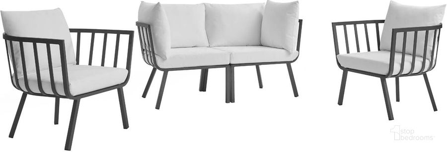 The appearance of Riverside Gray and White 4 Piece Outdoor Patio Aluminum Set designed by Modway in the modern / contemporary interior design. This gray and white piece of furniture  was selected by 1StopBedrooms from Riverside Collection to add a touch of cosiness and style into your home. Sku: EEI-3787-SLA-WHI. Product Type: Outdoor Lounge Chair. Material: Foam. Image1