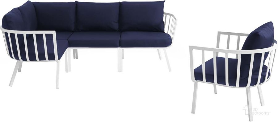 The appearance of Riverside White Navy 5 Piece Outdoor Patio Aluminum Set EEI-3792-WHI-NAV designed by Modway in the modern / contemporary interior design. This white navy piece of furniture  was selected by 1StopBedrooms from Riverside Collection to add a touch of cosiness and style into your home. Sku: EEI-3792-WHI-NAV. Product Type: Outdoor Lounge Chair. Material: Foam. Image1