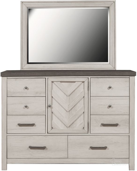 The appearance of Riverwood Bureau Dresser and Mirror In Gray designed by Pulaski in the transitional interior design. This gray piece of furniture  was selected by 1StopBedrooms from Riverwood Collection to add a touch of cosiness and style into your home. Sku: S466-015;S466-035. Material: Wood. Product Type: Dresser and Mirror. Image1